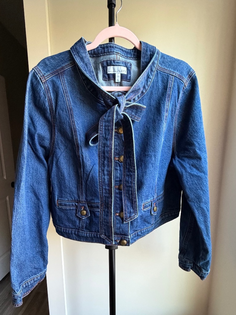 LOFT Bow Collarless Denim Jacket XL Perfect for Fall